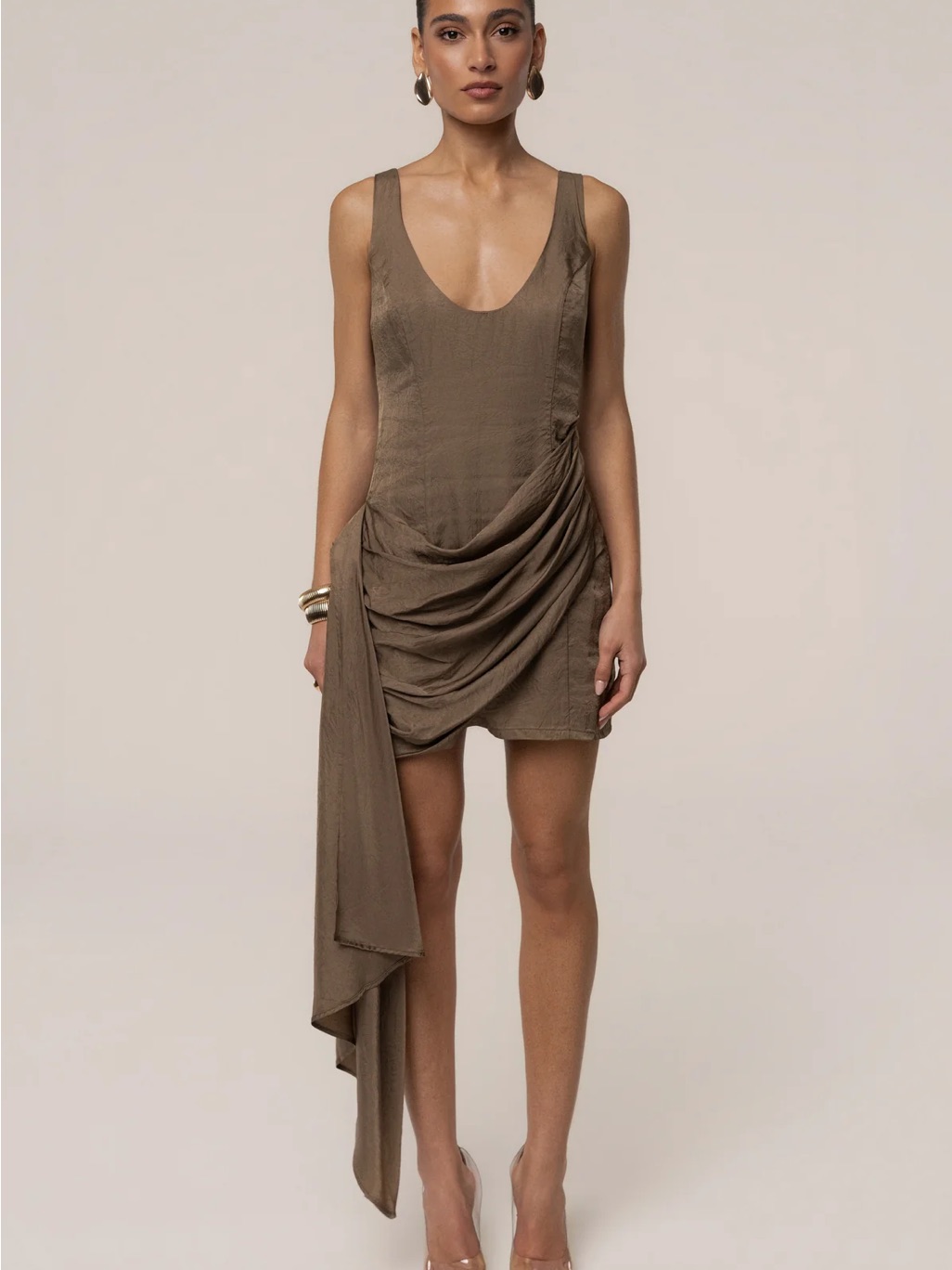Jluxlabel Draped Scoop-Neck Mini Dress In Taupe Brown